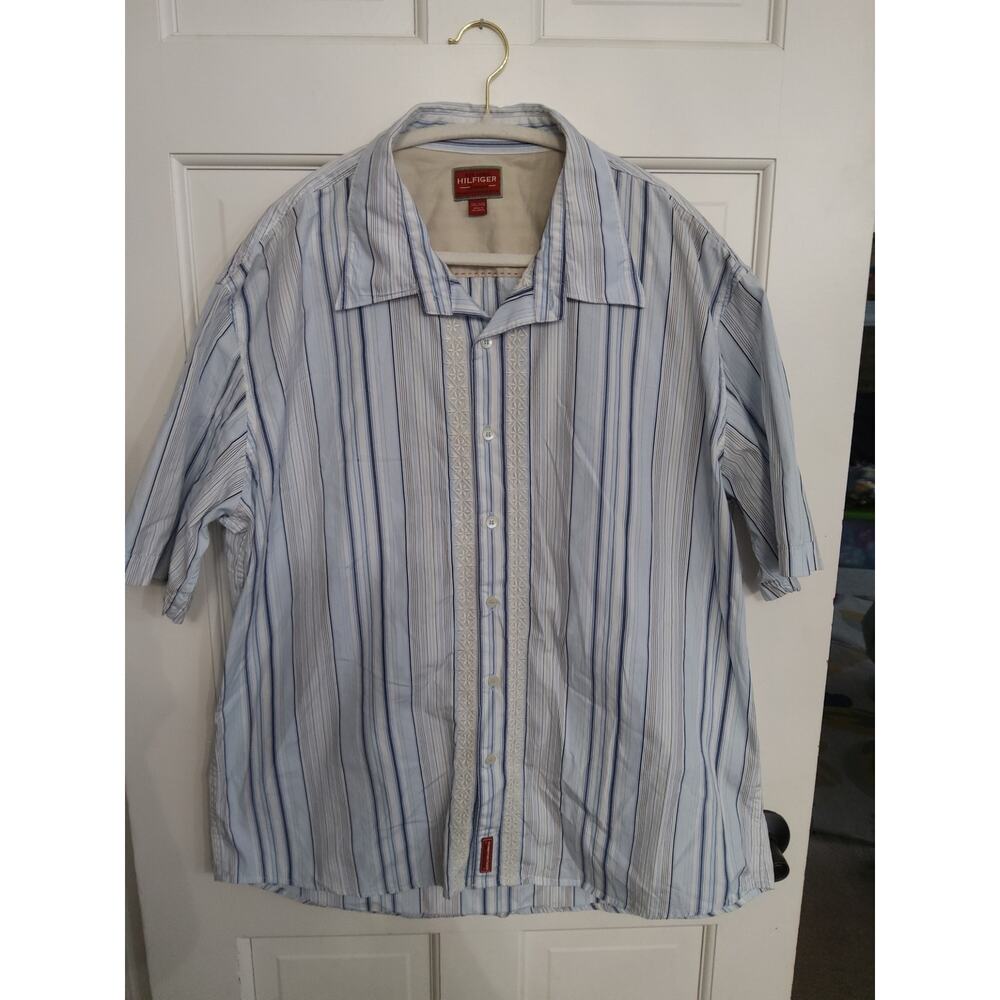 Y2K Mens XXL Hilfiger Shirt Red Label Button up striped linen/cotton embroidery